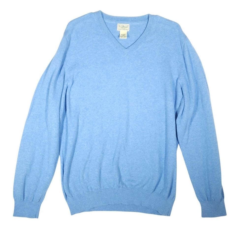 L.L. Bean Sweater Mens Large Blue V Neck Cotton Cashmere Pullover